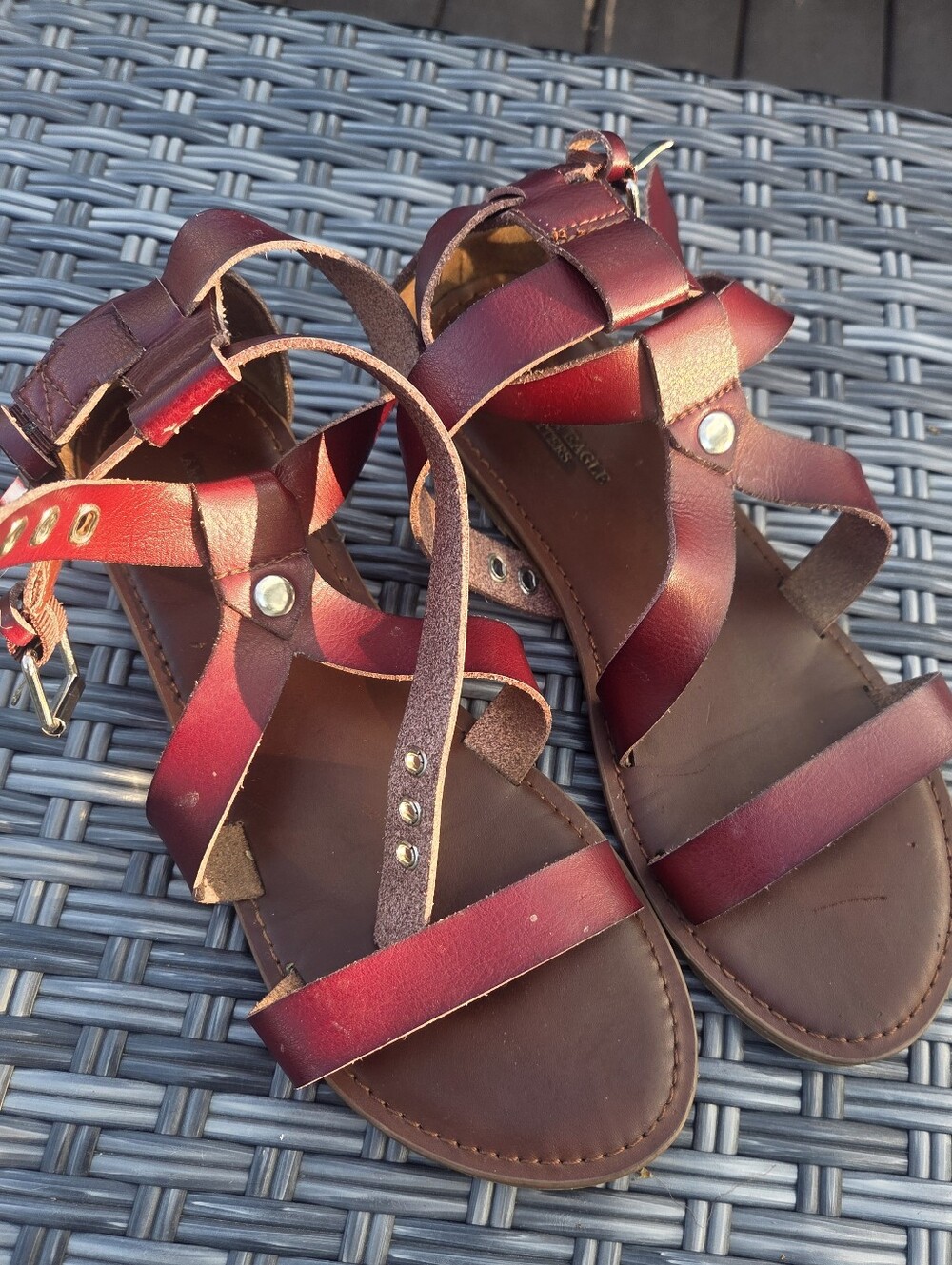 American Eagle Outfitters Burgundy Multi-Strap Leather Ankle Buckle Sandals